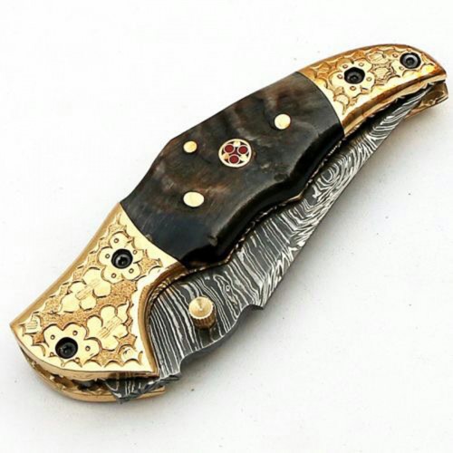Damascus handmade folding knife beautiful structure with free leather sheath
